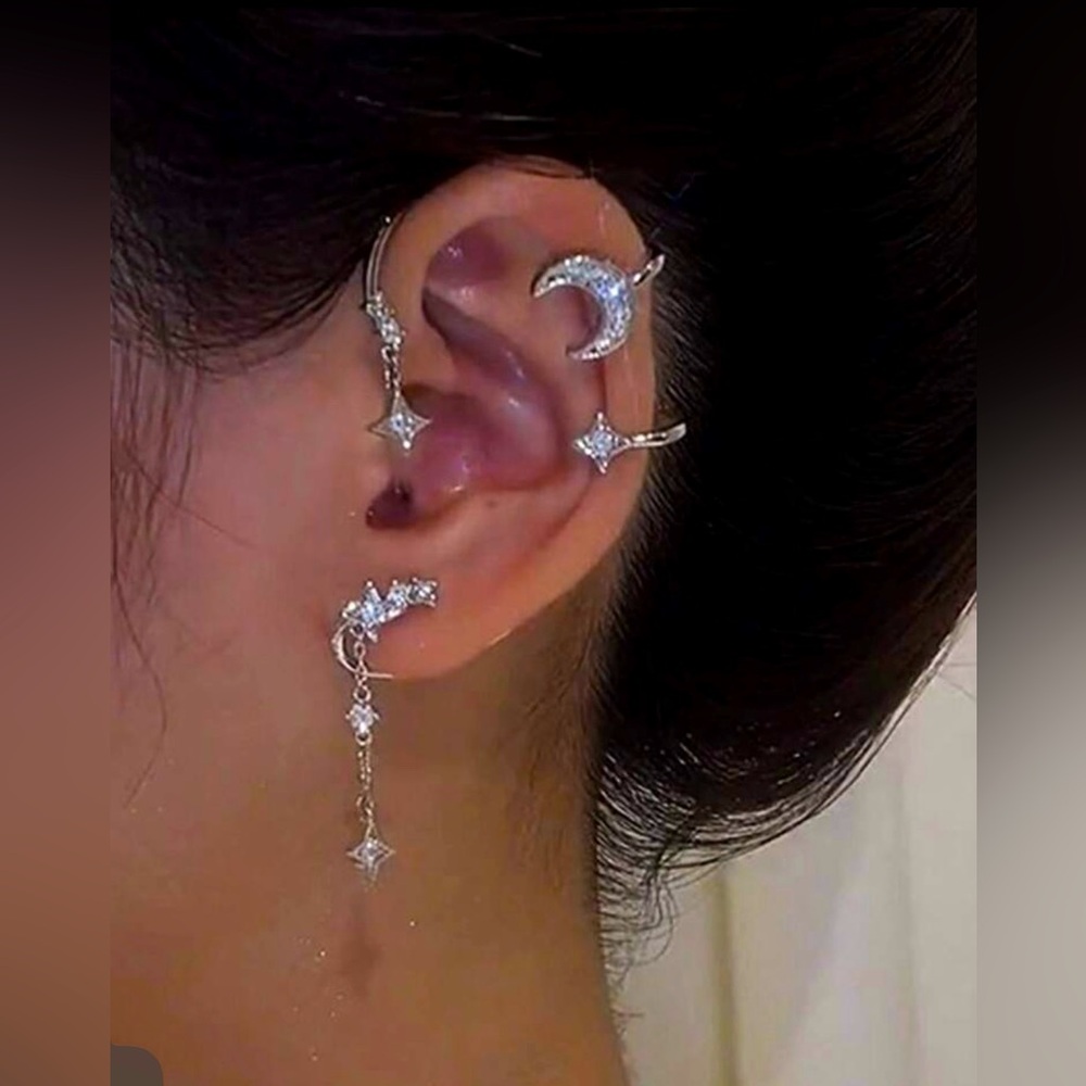 1pc / Right ear - Rhinestone Silver Moon & Stars Fairy / Elf Ear Cuff
